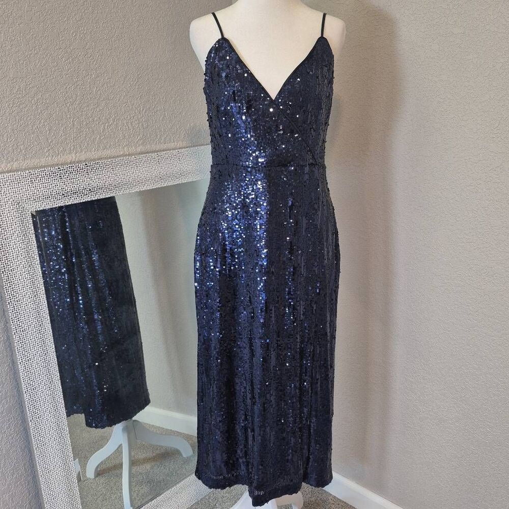 NWT Ramy Brook Leanne Sequin Midi Dress Navy Blue Size 8